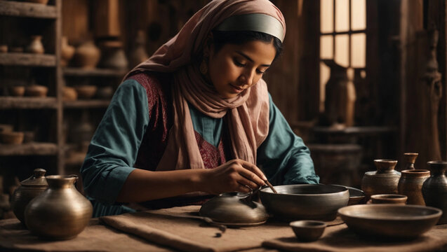 turkish or arabian Craftswoman creating handicraft crockery in workshop. Craftsmanship and entrepreneurship concept	