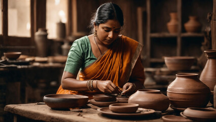 indian Craftswoman creating handicraft crockery in workshop. Craftsmanship and entrepreneurship concept	
