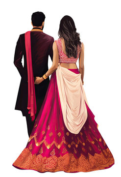 Indian wedding couple bride and groom back view isolated on transparent background
