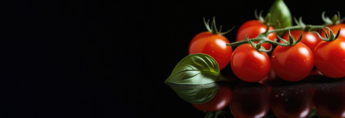 cherry tomatoes and basil on a black background. 