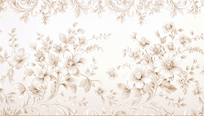 A large floral mural on a white wall  flowers in shades of grey and white