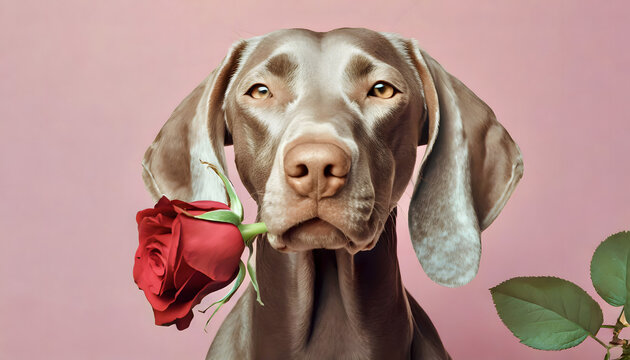 Weimaraner, hund, rose, im, mund, rosa, hinetrgrund, valentinstag, konzept, tier, minimal, sch&ouml;n