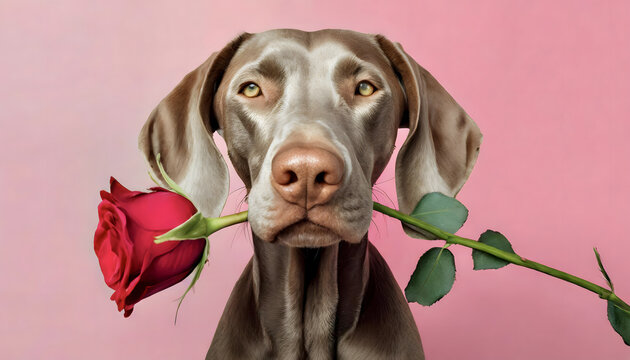 Weimaraner, hund, rose, im, mund, rosa, hinetrgrund, valentinstag, konzept, tier, minimal, sch&ouml;n