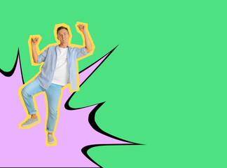 Fototapeta na wymiar Pop art poster. Man dancing on bright comic style background. Space for text