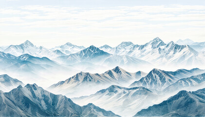 A mountain range covered in fog with sharp peaks and valleys