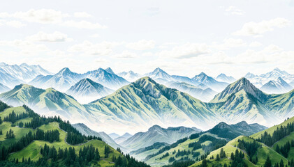 Fototapeta na wymiar Panoramic view of mountains painting with greenery and fog