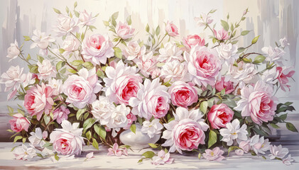 A painting of a vase filled with pink and white roses