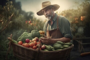 Gardener proudly showing homegrown crops. Harvesting season of local farmland agriculturist. Generate ai - obrazy, fototapety, plakaty