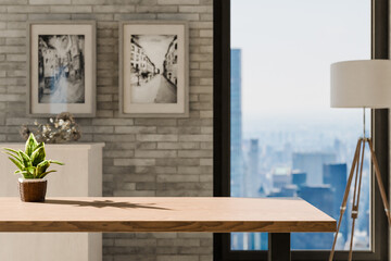 frontal view on empty clean wooden desk workplace; minimalist office background with panoramic view on big city skyline; digital home office concept; 3D rendering