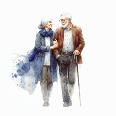 Old couple in love walking in watercolor drawing