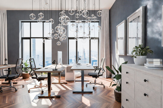 Luxurious Loft Apartment With Floor-to-ceiling Windows And Panoramic View; Modern Minimalistic Interior Design Of Workspace Home Office Area; Bright Daylight; 3D Rendering