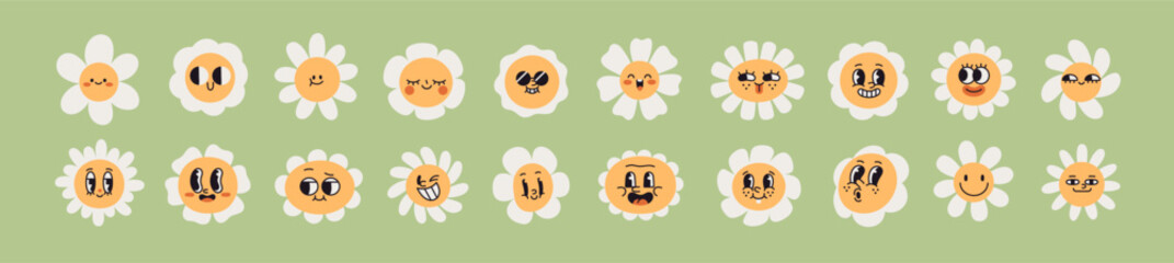 Groovy daisies set. Cute chamomile flower heads in retro 70s style. Floral faces, funny characters with happy emotions. Vintage comic camomile emojis. Isolated flat graphic vector illustrations
