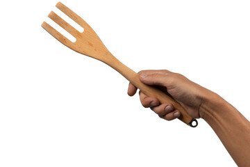 Hand holding wooden fork no background cutout