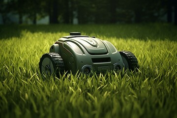 Automated mower on lush grass. Generative AI