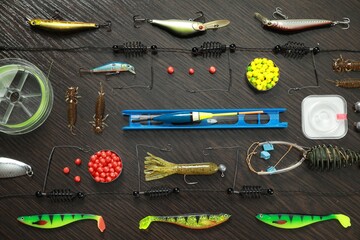 Fishing tackle on dark wooden background, flat lay