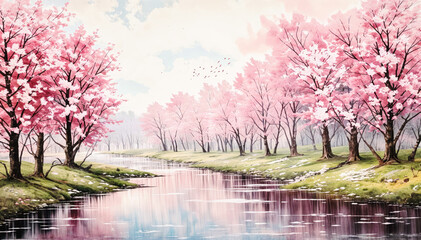 A river flows a forest filled with pink cherry blossom trees
