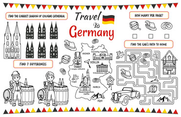Naklejka premium A fun holiday placemat for kids. Print out the “Travel to Germany” activity sheet with a labyrinth, find the differences, and find the same ones. 17x11 inch printable vector file