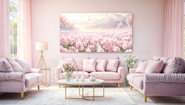 A living room with a large painting of pink trees above the couch 