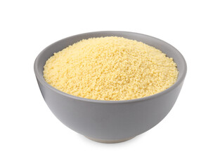 Raw couscous in bowl isolated on white