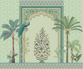 Traditional mughal arch, moroccan border, plants, tree, peacock colorful decorative frame - obrazy, fototapety, plakaty