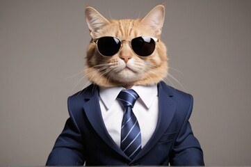 A picture of a cat wearing sunglasses and a suit with a tie.  Ai was generated