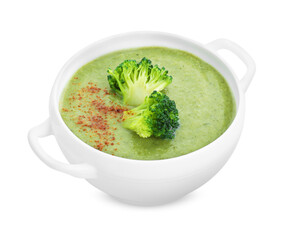 Delicious broccoli cream soup in bowl isolated on white