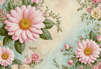 A vintage wallpaper with pink flowers, including daisies, roses, and green leaves on a blueish-beige pastel background 