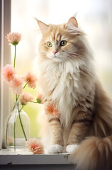 Cats with flowers sitting near a window