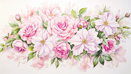 The shades of pink rose and white flower with green leaves painting