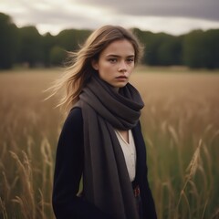 a girl standing in a field wearing a scarf