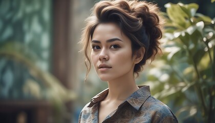 Fototapeta premium a beautiful brunette woman with a messy beehive hair style outdoors
