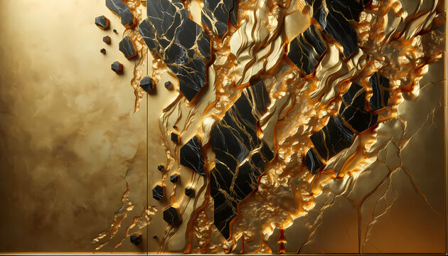 Fototapeta Pared de Background o Fondo de Lujo - Piedra Negra con Veteados Dorados de Oro Macizo y Toque Metálico - Símbolo de Riqueza y Abundancia