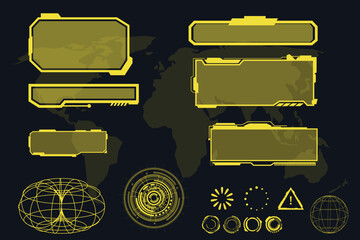 digital interface HUD elements set pack. User Interface, frame screens. Callouts titles, FUI circle set, Loading bars. Dashboard reality technology screen. Vector	
