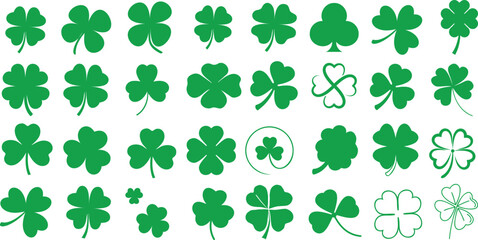 Clover leaf, St. Patrick’s Day, vibrant green pattern, ideal for wallpapers, backgrounds, design elements. Various shapes, sizes, isolated on white