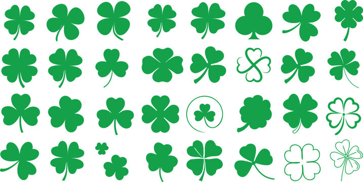 Clover leaf, St. Patrick’s Day, vibrant green pattern, ideal for wallpapers, backgrounds, design elements. Various shapes, sizes, isolated on white