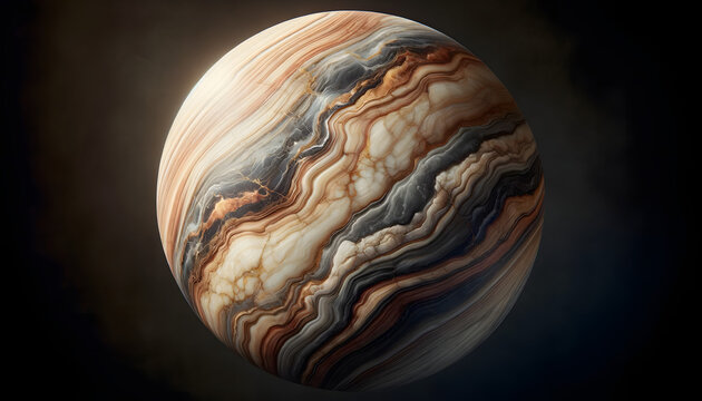 Planeta Imaginario o Piedra Redonda de Texturas Naturales y Roca Marm&oacute;rea sobre Fondo Negro Intenso, Una Representaci&oacute;n Art&iacute;stica de Geolog&iacute;a Espacial para Proyectos de Ciencia y Exploraci&oacute;n C&oacute;smica