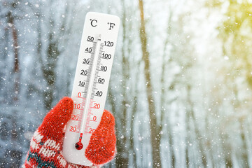 Winter holidays with snow. White celsius and fahrenheit scale thermometer in hand. Ambient...
