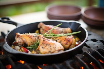 chicken on a cast iron grill pan with thyme