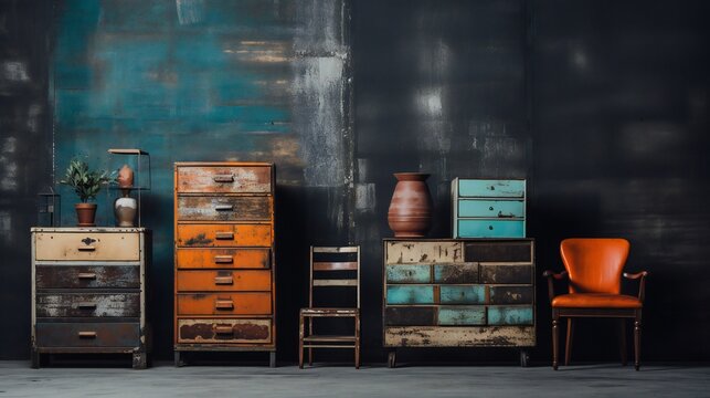 A harmonious blend of salvaged and repurposed furniture pieces.