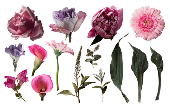 Set of pink and burgundy color flowers. Isolated on transparent background for your projects