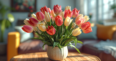 Tulips in Vase on Table. A Bouquet of Tulips Sits on top of a Wooden Table in the Living Room.