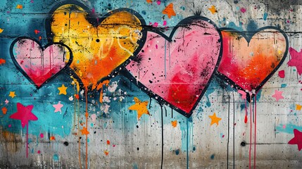 Bright modern graffiti with hearts on a concrete wall, Valentine's day street art background, AI generated