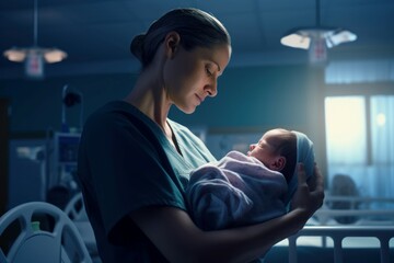 Nurse cradling infant newborn. Hospital medical worker holding little kid. Generate ai
