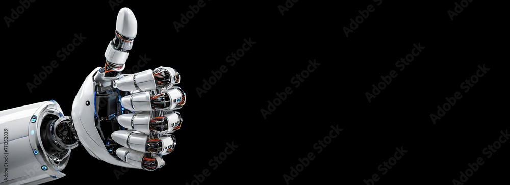 Poster close-up of a humanoid robot hand giving thumbs up, isolated on black background with copy space. ar