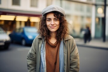Portrait of a beautiful young woman with curly hair and a cap