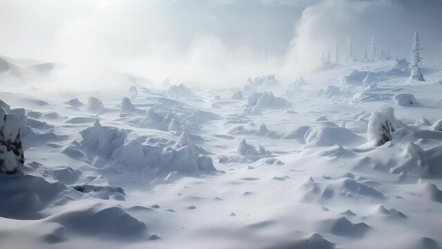 A merciless blizzard raging through the frigid wilderness, leaving behind a frozen landscape of ice and snow in its wake.