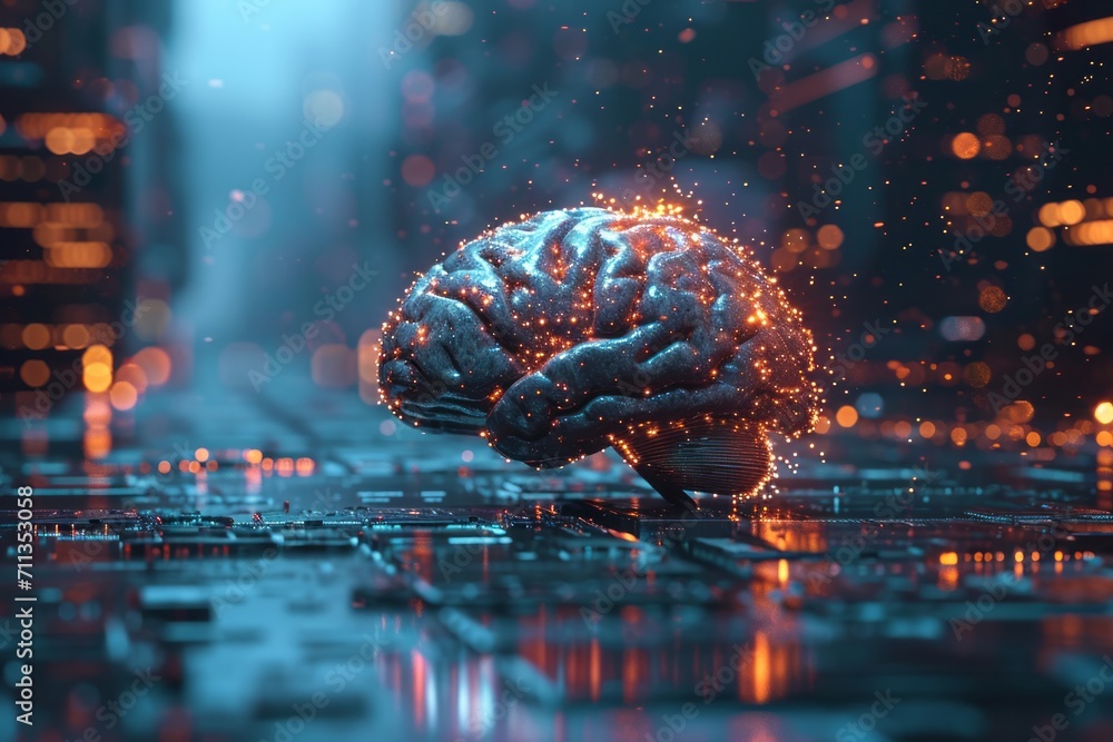 Poster a futuristic model of the human brain connected to a digital network. an illustration of futuristic 