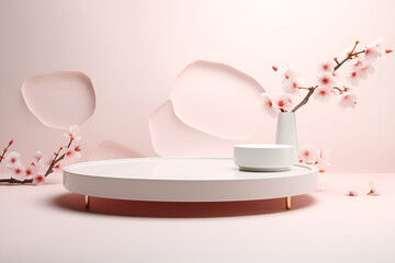 Minimalistic Pink Sakura Display with Vase and Platform