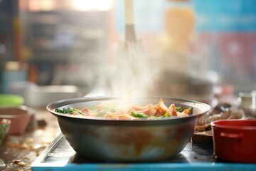 cooking scene with kimchi bubbling in a hot pot - obrazy, fototapety, plakaty