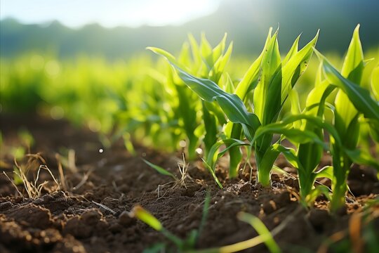 Lush fresh corn sprouts harvest thriving on modern sustainable agricultural farm plantation